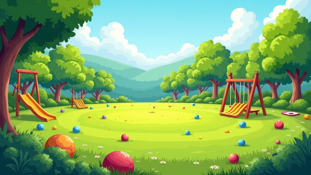 A vibrant playground with a grassy field, swing set, and trees, with balls, frisbees, and outdoor game gear scattered around.