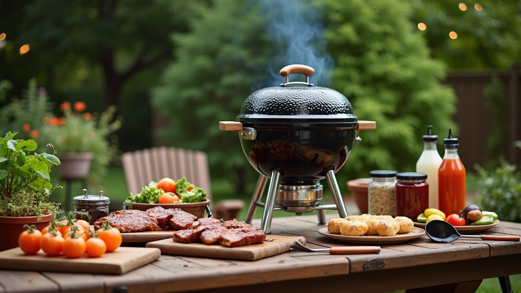 Outdoor BBQ grill, variety of grilling tools, and BBQ food spread on a table.