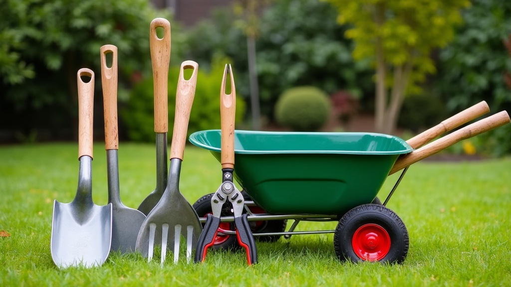 a simple outdoor shed with common landscaping tools leaned against it, a green lawn in the background