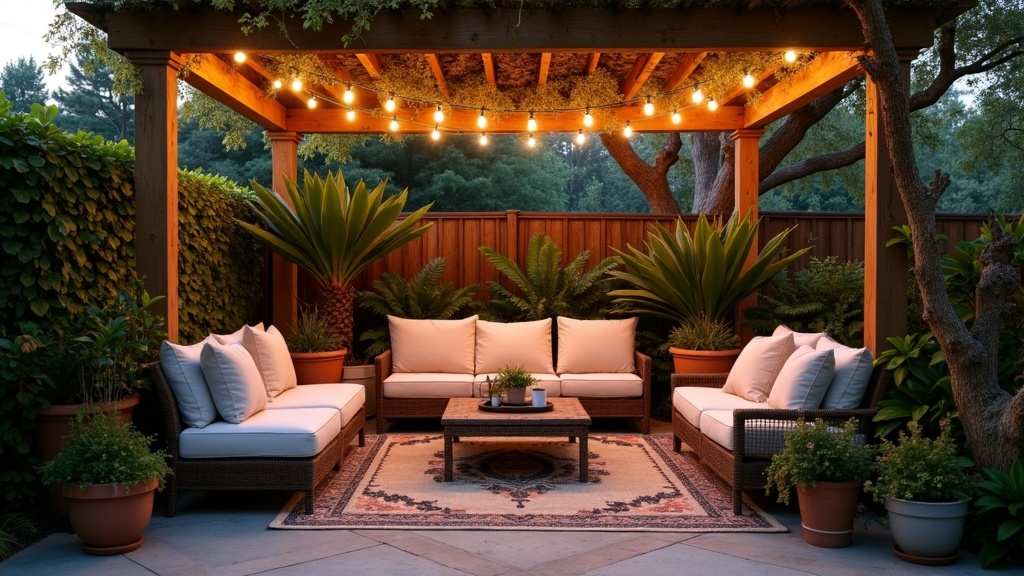 Lush patio oasis with comfortable seating, colorful plants, outdoor rug, and soft evening lighting