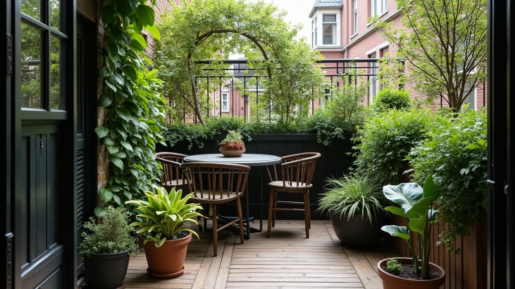 Outdoor balcony with privacy screens and lush plants