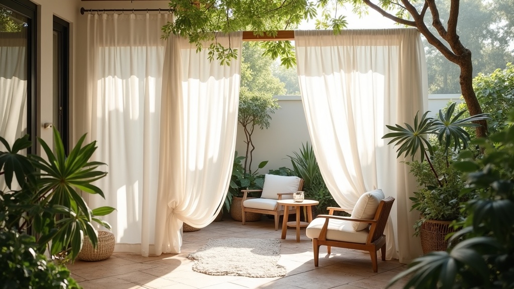 outdoor curtains and screens on a sunny patio