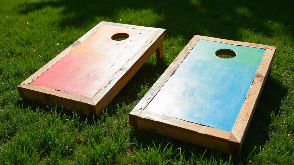 Two finished cornhole boards on a backyard lawn, ready for play.